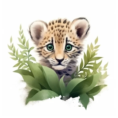cute leopard cub, peeking out from behind a bush, muted tones, clipart, on a white background
