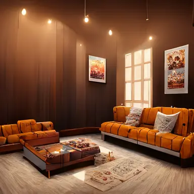 Cozy 3D livingroom, brown furniture, white walls, high detail, epic detailed, very clear, colors, evironment, hyper realism, high details, octane render, unreal engine realistic, hd, Clean Cel vector art by Kuroko no Basuke , Sailor Moon and A Whisker Away, simple illustration, clipart