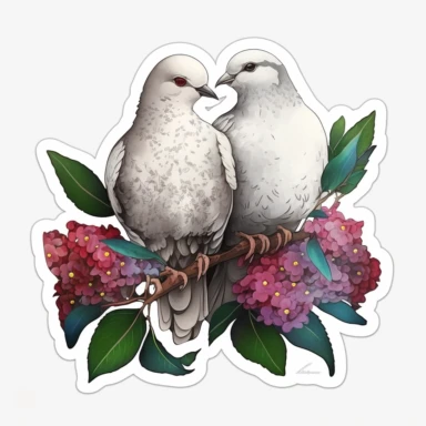 two beautiful doves in love, in a field of flowers, clear sky, clipart, white background, sticker