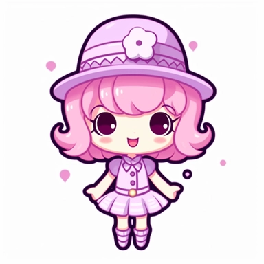 kawaii happy character in cute purple candy outfit with hat and dress, single clipart on white background, sanrio style characters, svg, eps,