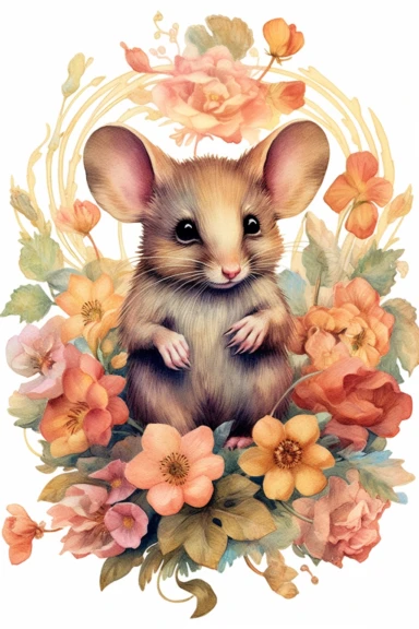 Chromolithography, vintage watercolor mouse floral clipart, nursery art, little mouse, mouse art, kids wall art, baby animal prints, isolated on white background, intricate details, hdr, 8k