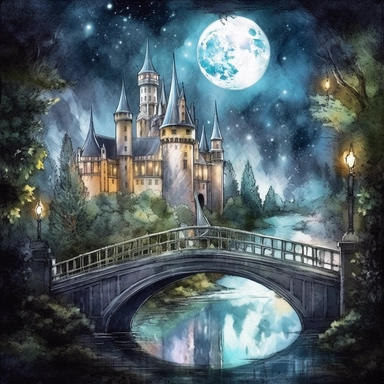 light watercolor Fantasy Castles night scenery on the moon in the garden forest and bridges realistic clipart on black background