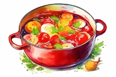 Watercolor, Borscht, Ukrainian cuisine, clipart, hd, on a white background, spaced out