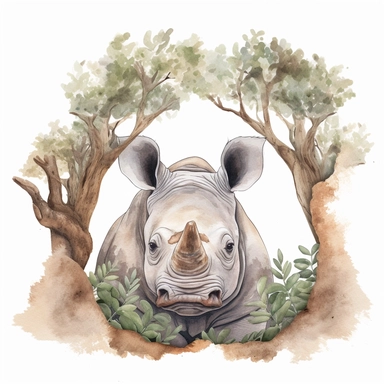 a captivating watercolor clipart image with a white background and earthy colors, featuring a cute rhinoceros peering out from behind a tree, its kind eyes and gentle expression captivating the viewer. The ultra-detailed, hand-drawn elements capture the curiosity and gentleness of the rhinoceros. Use shades of gray, brown, and green to create a visually captivating and endearing image that conveys the charm and natural curiosity of the rhinoceros.