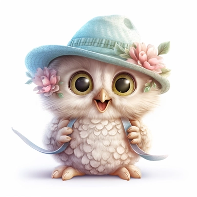 clipart happy baby owl with hat, summer pastel colors, 8k, white background