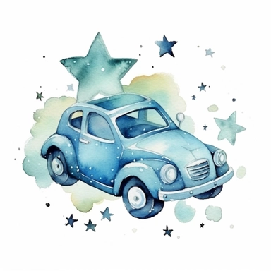 cute watercolor newborn soft blue baby playing toy car, stars on the background, watercolor effect, isolated white background, babyshower clipart, soft blue tones