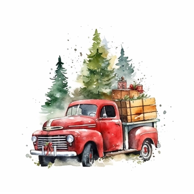 watercolor style, a red truck carrying christmas trees and christmas gifts clipart, isolated on white background, hd