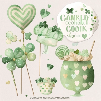 5 st. Patrick candy cliparts with baby props, on paper texture background, simple, cute green colors, boho, baby shower, 8K, high resolution, boho style, watercolor, by chonnieartwork style