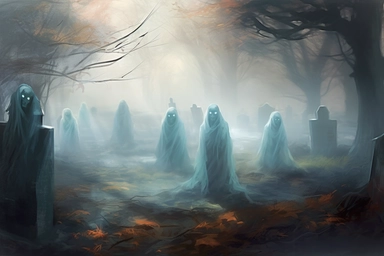 realistic clipart ghosts in foggy enchanted cemetery, digital painting