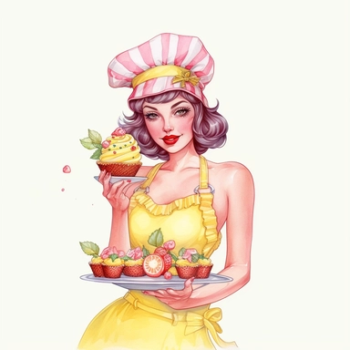 Hand drawn pin up woman, wearing a yellow bakers hat, pink and white striped apron, holding lemonade cake with lemons, with strawberries and blossoms, glamorous, half body, very detailed and realistic, watercolor, white background with margins, clipart style