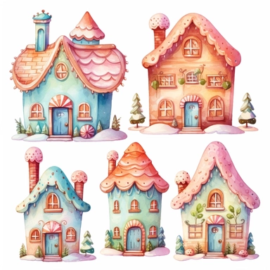 very simple watercolour childrens book style drawing of different cute gingerbread houses, pastel colours soft on white background for clipart, 8k