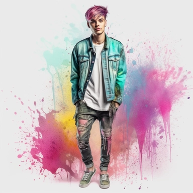 idyllic young man multicolor hair, fashion model, looking in the camera, eye contact, full body, fairytale dreamlike, clipart with watercolor splash background, with transparent background, hyper realistic, professional photography, super detailed