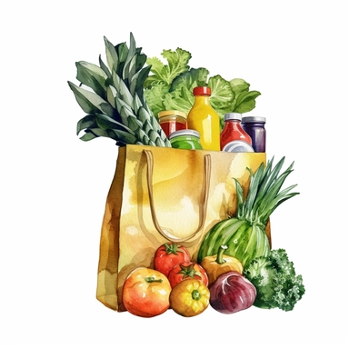 watercolor detailed illustration of Grocery bag with a variety of groceries peeking out, clipart, white background