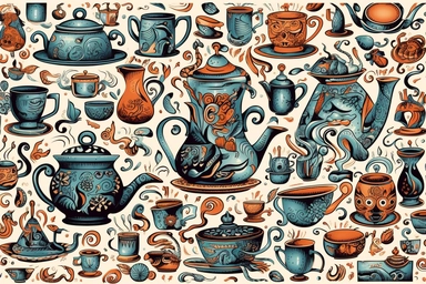 Design a vector clipart pattern with a fantasy coffee set theme, showcasing a seamless pattern of coffee cups, sugar bowls, creamers, and mythical creatures, surrounded by floral elements and intricate details, in an elegant and enchanting art style, viewed from a centered perspective, with a balanced composition, on a clean white backdrop