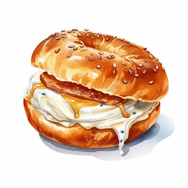 realistic bagel with cream cheese watercolor clipart on white background