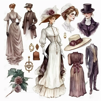 watercolor 1910s vintage boutique retro victorian fashion titanic clipart, white background, spaced out, hd--v 5
