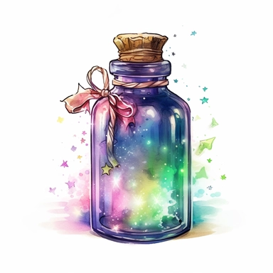 cartoon bottle of fairy dust, with a tag attached, glowing lights stars and sparkles, colors of green purple gold and blue, glamorous realistic and detailed, watercolor, white background with margins, clipart style