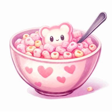 kawaii pink bowl of cereals with a spoon inside de bowl, pastel dusty pink palette, super cute, so adorable that is breaks your heart, full body, watercolor clipart, isolated on white background, cute-core