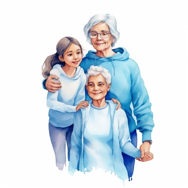 watercolor, Lovely fun smiling happy caucasian elder parent mom with young adult daughter two women together wearing casual clothes hugging cuddle kiss isolated on plain blue cyan background. Family day concept png Full body realistic cartoon in 32K UHD cute. 15 cm thick outline. Black color. There was no shadow on the ground. 8k with realistic watercolors and detailed illustrations. PNG clipart, transparent white background