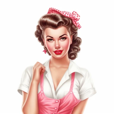 beautiful pretty pin up woman, makeup and hair 50's style, diferent cleaning poses,maid dressed, and a lace on her hair, all in 50's style, paint art style, detail, clipart, white background, superrealistic, one of a kind