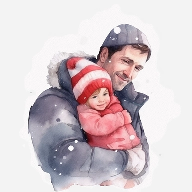 watercolour clipart, father day, father hug with his cute baby, in snow, smile, beautiful, happy, ,realistic, whit background, illustrated