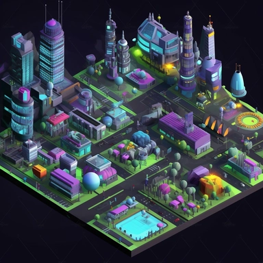 isometric perspective, game sprite, futuristic city park concept, gaming asset, sci-fi, fun, creative, cartoon, clipart, hyper-detailed, black background,