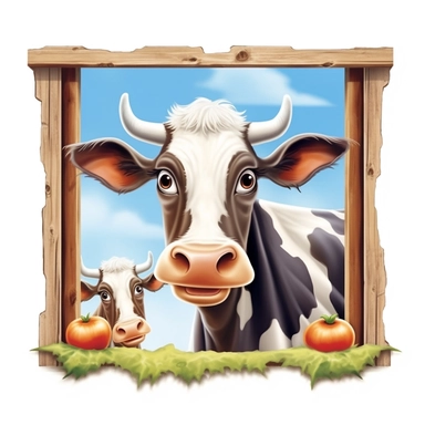 Cute Beautiful Happy Face Cow Outside The Window Sublimation Clipart ,Cartoon,hyper realistic, intricate detail, illustration style,high solution,on the white background