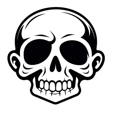 black and white silhouette of a friendly cartoon skull, clipart style, white background, thick lines, vector, simple design, flat colour, solid colour