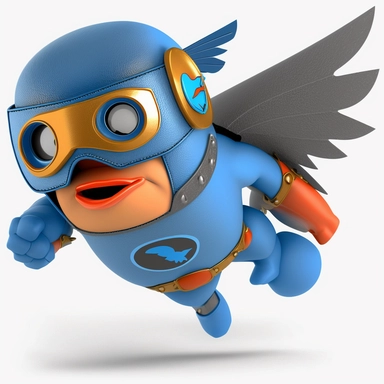 funny cute little bluebird robot superhero flying to save the day meme clipart semi realistic comic style