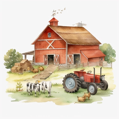 Make a clipart of a watercolor painting of a farm with barn animals and a tractor. no background