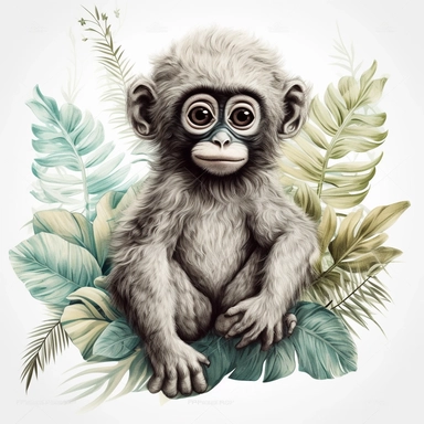jungle solo baby animal clipart, original hand drawing, style of the artwork, mood of the aartwork, white background, 8K quality, ultra detailed , clipart, white background, High Quality, ultra detailed