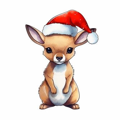 cute watercolor clipart full body happy kangaroo with a santa hat, jolly, watercolor, on white background