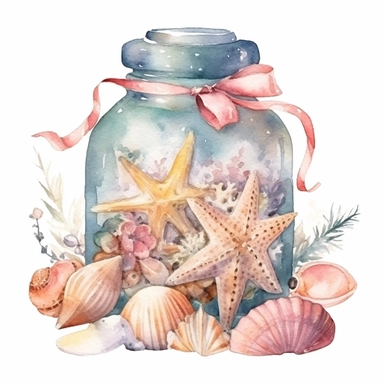 watercolor clipart of beautiful pastel shells and starfishes within a big round jar wrapped with rustic cord ornament, vintage style