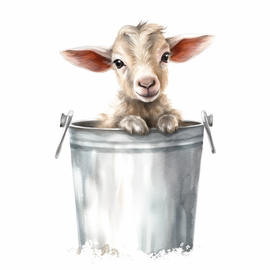 realistic watercolor cute baby goat sitting inside a bucket with 2 feet on the edge peeking out, solid white background, clipart