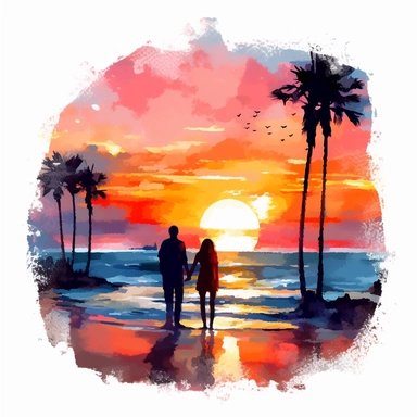 sunset, beach, clipart, watercolor, a couple