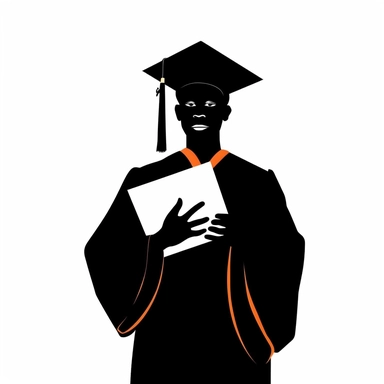 student graduating happily wearing academic attire, gowns or robes and graduation caps and holding diplomas Black silhouette, vector, clip art, clean line, white background