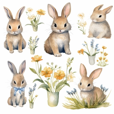 A sophisticated and enchanting collection of elegant watercolor clipart depicting baby bunnies holding wildflower bouquets. Each hand-painted bunny is lovingly rendered with soft, natural hues that highlight their delicate features, expressive eyes, and f