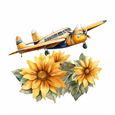 clip art ,airplane sunflowers watercolor , no background