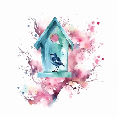 Vector clipart, isolated on white background, beautiful lovely Watercolor Spring wooden bird house hanging on the blue bloming tree, ornated, pastel and saturated colors