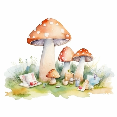 Clipart, A watercolor painting of a mushroom family having a picnic in a grassy meadow, white background