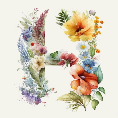 Watercolor botanical flower letter H, clipart, colorful, white background