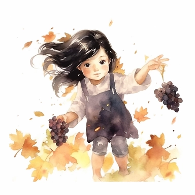 Little girl with black hair, front and half, picking grapes in a vineyard, a few leaves floating in the little girl's hair falling down, soft lighting, watercolor clip art, clear focus