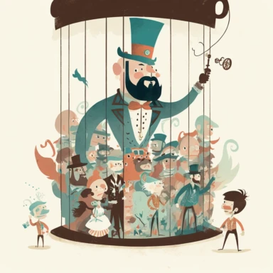 a circus barker with top hat and handlebar moustache introduces a captured caged elf to the crowd, the style of Ryo Takemasa, xuan loc xuan, Lisa Audit, Anastasia Suvorova, Jon Klassen, greg tocchini, separated isolated single of Complex Epic ghibli trolls and pirates, spooky, colorful, white background, magical, fantasy, vector, clipart, elaborate, ultra-detailed, best quality, well composed, vibrant color tone, trending on artstation, elaborate, cinematic lighting, vibrant colors, high definit