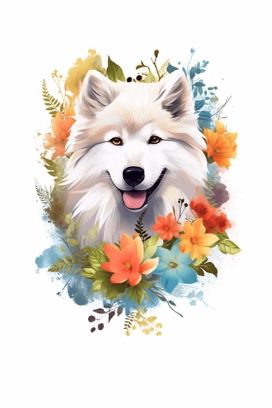white background, dog, 3d, super closeup, sticker, photorealistic, artwork of t shirt graphic of majestic forest, in digital painting style , beautiful flowers, sunset mountains and clouds , big vines, plants sorround, highly detailed clean, vector image, photorealistic masterpiece, professional photography, realistic, flat white background, isometric, vibrant vector, clipart, illustration, realism, 4k, , cinematic, front view, paradise, extremely white background