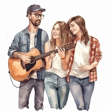 friends at a concert music Watercolor illustration clipart, photorealistic high details, white background