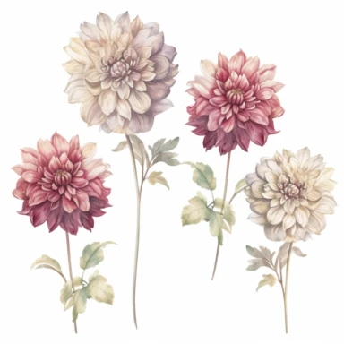 Design a dreamy watercolor clipart of Dahlia bouquets with greenery tied with lace, with soft and graceful brushstrokes in a delicate color palette of Burgundy, dusty blue, and ivory. Infuse the artistic style of Serenity Blooms Watercolors for a serene and calming depiction. isolated on a white background, 8k uhd, designed by Ana Victoria Calderon and Holly Exley,