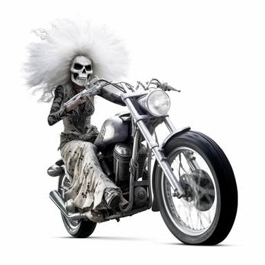 skull headed motorcyclist on a harley looking like a drag performer with a dress and wig white background as clipart c 100