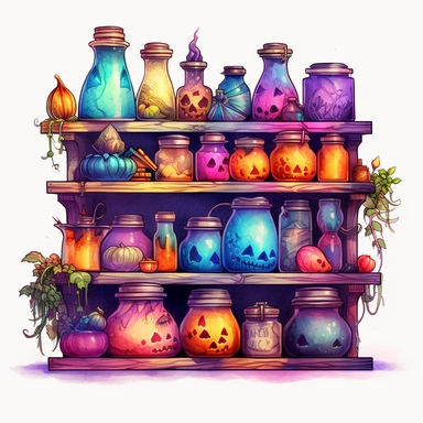 Witches PotionShelf Watercolor dreamy Clipart, pastel-core purple turquoise blue orange red yellow Magical Mystical Art, Fantasy Clipart, Witchcraft Potion many details style of Demizu Posuka no people