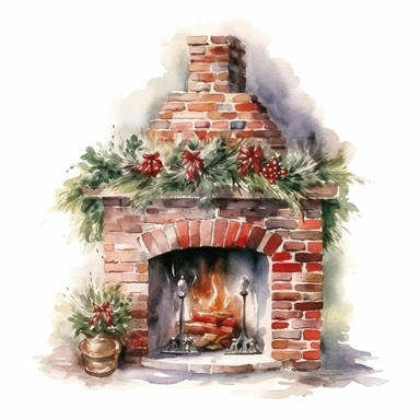watercolor style, beautifully decorated christmas fireplace with slightly visible part of the wall behind it clipart, isolated on white background, 4K