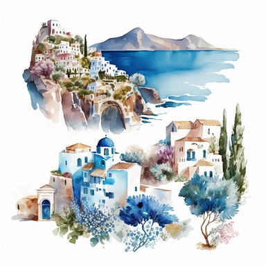 beautiful watercolor clipart of a Mediterranean scene with white village houses and the seascape, summer blue and white, compositions on an isolated white background. Bright landscapes illustrations, highly detailed